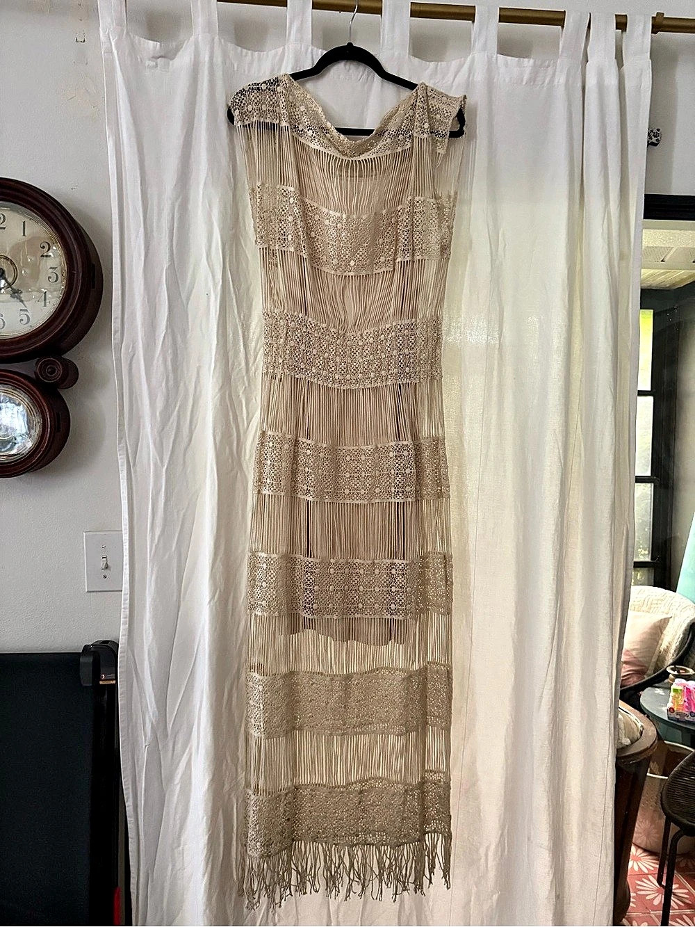 Anthropologie Crochet Fringe Maxi Dress in Cream Size L NWT